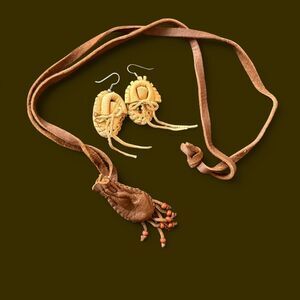 Native Moccasins Earrings & Necklace Pouch Set of 2 Soft Leather